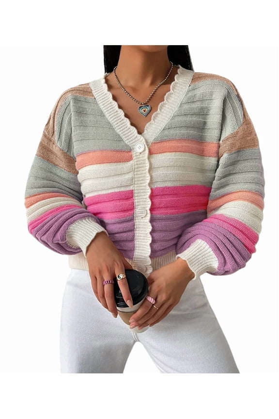 Women'S Color Block V Neck Button Front Knit Cardigan Sweater Outerwear Rainbow Strip L