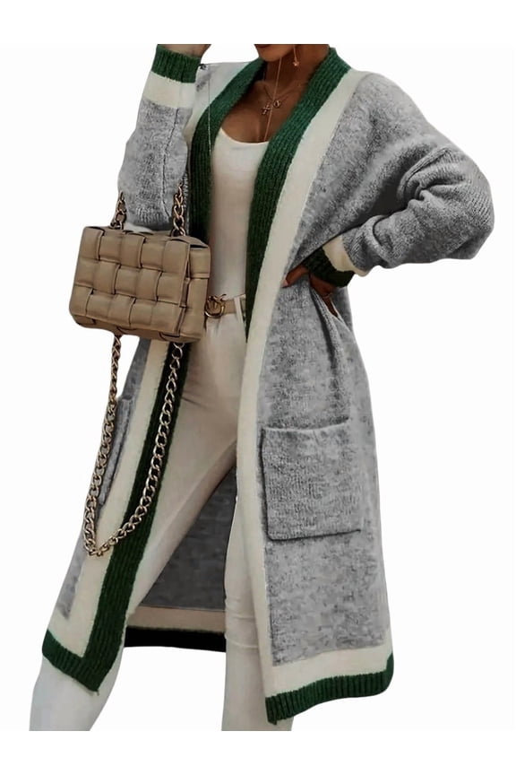 Women'S Color Block Vertical Striped Open Front Oversized Hooded Long Cardigan Sweaters with Pockets Gray M