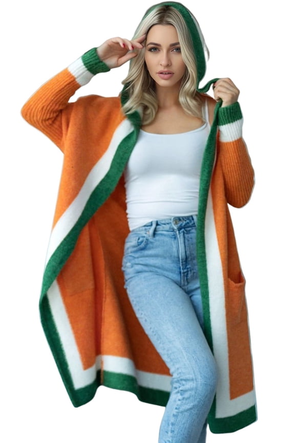 Women'S Color Block Vertical Striped Open Front Oversized Hooded Long Cardigan Sweaters with Pockets Orange Red S
