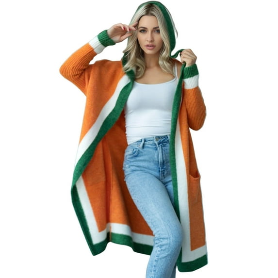 Women'S Color Block Vertical Striped Open Front Oversized Hooded Long Cardigan Sweaters with Pockets Orange Red S