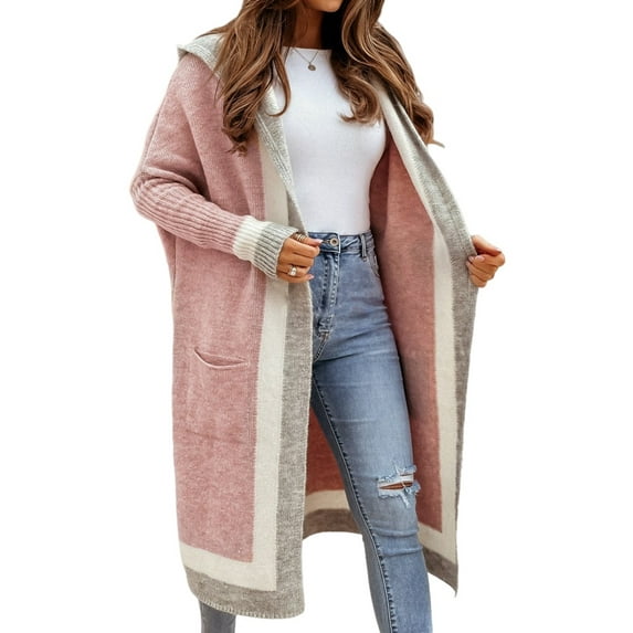Women'S Color Block Vertical Striped Open Front Oversized Hooded Long Cardigan Sweaters with Pockets Pink L