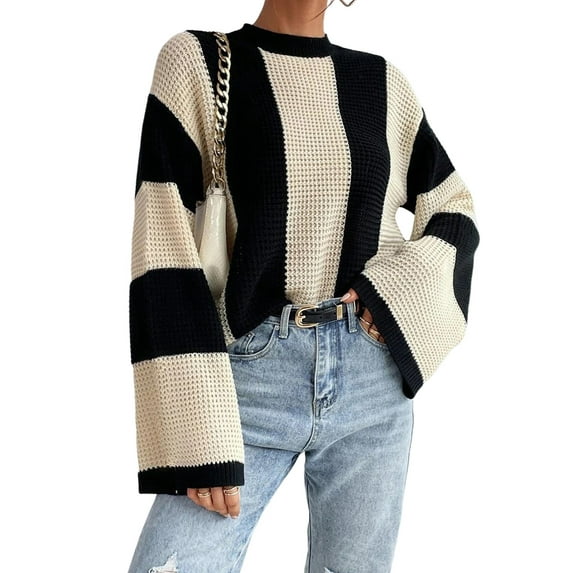 Women'S Colorblock Bell Sleeve Mock Neck Knit Sweater Pullover Top M