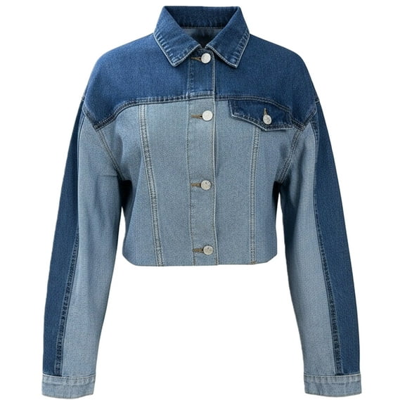 Women'S Colorblock Jean Jacket Casual Long Sleeve Button Down Patchwork Frayed Hem Cropped Denim Shirts Blue M