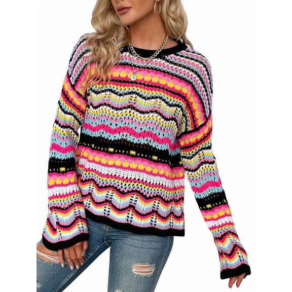 Women'S Colorful Sweater Crochet Open Knit Long Sleeve Crew Neck Oversized Sweater Black L