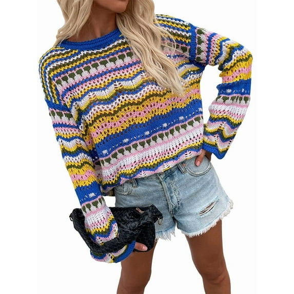 Women'S Colorful Sweater Crochet Open Knit Long Sleeve Crew Neck Oversized Sweater Blue XL