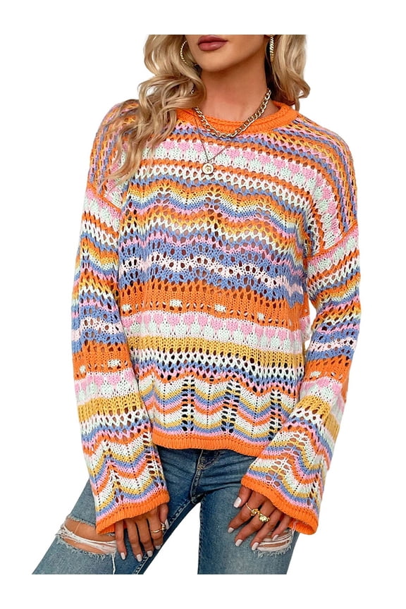 Women'S Colorful Sweater Crochet Open Knit Long Sleeve Crew Neck Oversized Sweater Orange S
