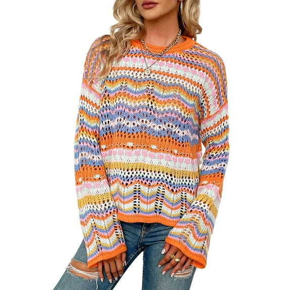 Women'S Colorful Sweater Crochet Open Knit Long Sleeve Crew Neck Oversized Sweater Orange XL