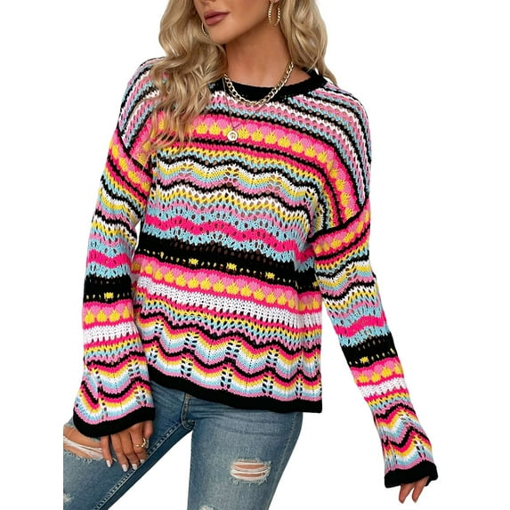 Women'S Colorful Sweater Crochet Open Knit Long Sleeve Crew Neck Oversized Sweater