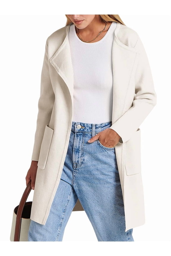 Women'S Comfortable Casual Coat Lapel Woolen Coat Fashion Casual Jacket Long Coat Fall Winter Clothing White M