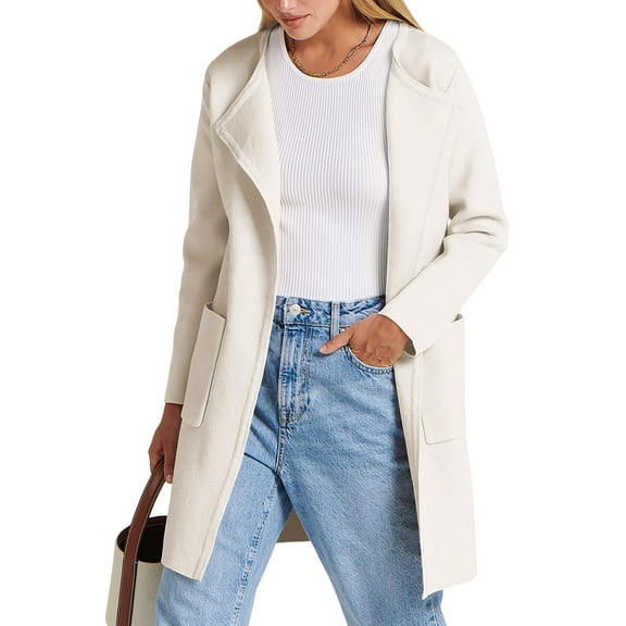 Women'S Comfortable Casual Coat Lapel Woolen Coat Fashion Casual Jacket Long Coat Fall Winter Clothing White XXL