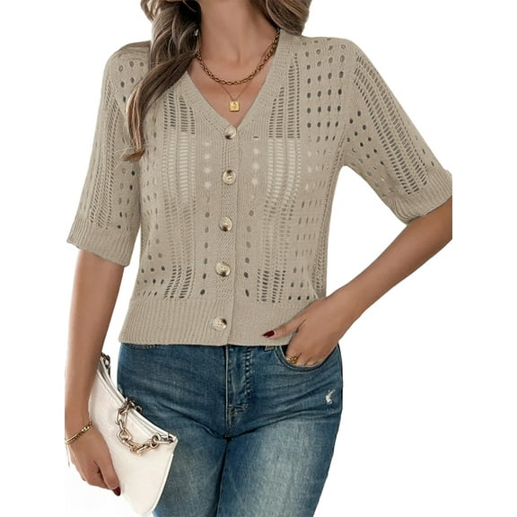 Women'S Comfy Knit Sweater Cardigan Casual Hollow-Out Short Sleeve Cardigan for Wear Apricot XL
