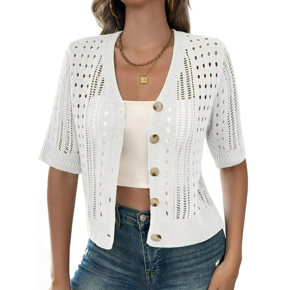 Women'S Comfy Knit Sweater Cardigan Casual Hollow-Out Short Sleeve Cardigan for Wear White M