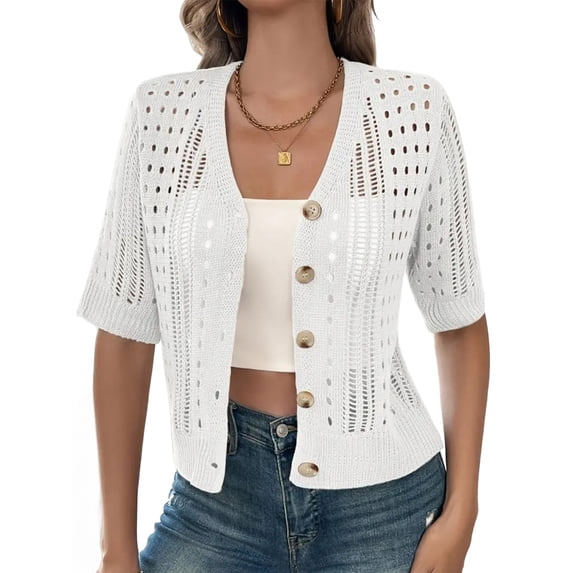 Women'S Comfy Knit Sweater Cardigan Casual Hollow-Out Short Sleeve Cardigan for Wear White S