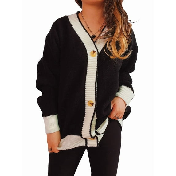 Women'S Contrast Color Button Down Sweater Oversized V-Neck Ribbed Knit Coat Cardigan Black XL