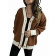 thumbnail image 1 of Women'S Contrast Color Button Down Sweater Oversized V-Neck Ribbed Knit Coat Cardigan Brown M, 1 of 7