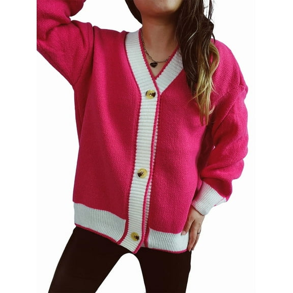 Women'S Contrast Color Button Down Sweater Oversized V-Neck Ribbed Knit Coat Cardigan Rose Red XL