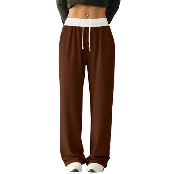 Women'S Contrast Color Waistband Sweatpants Wide Leg Pants with Drawstring Buckle Brown S