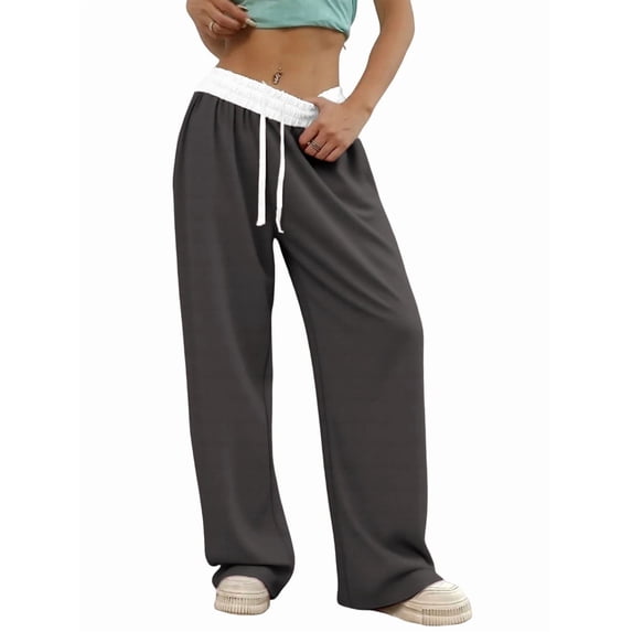 Women'S Contrast Color Waistband Sweatpants Wide Leg Pants with Drawstring Buckle Dark Gray S