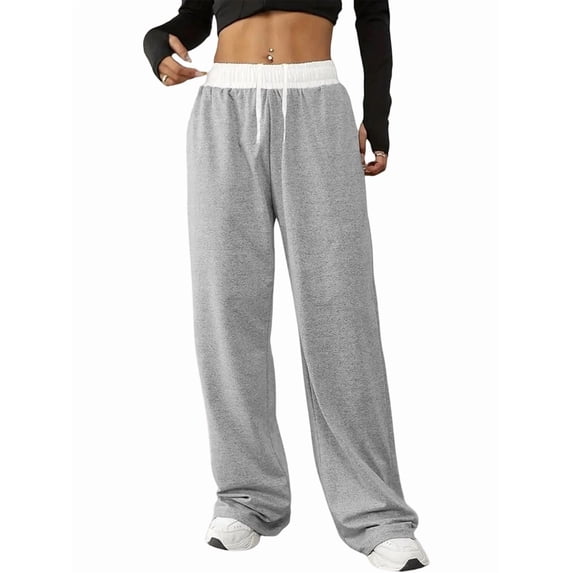 Women'S Contrast Color Waistband Sweatpants Wide Leg Pants with Drawstring Buckle Light Linen Gray M