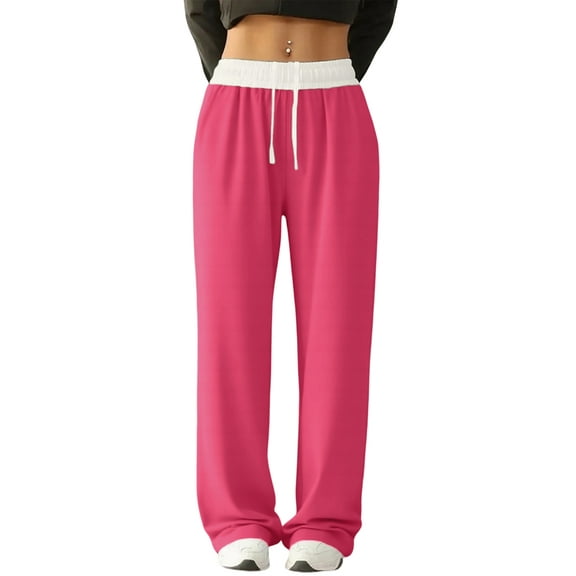 Women'S Contrast Color Waistband Sweatpants Wide Leg Pants with Drawstring Buckle Rose Red M