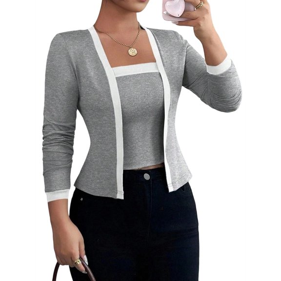 Women'S Contrast Colorblock Cardigan Vest Two-Piece Set Long Sleeve Cropped Cardigan Striped Shawl Grey L