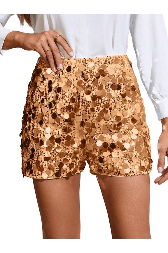 Women'S Contrast Sequin Elastic Waist Sparkly Party Mini Shorts Gold M