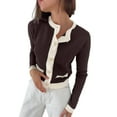 thumbnail image 1 of Women'S Contrast Trim Long Sleeve Button Front V Neck Cardigan Brown S, 1 of 7