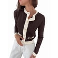 thumbnail image 1 of Women'S Contrast Trim Long Sleeve Button Front V Neck Cardigan Brown S, 1 of 7