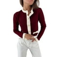 thumbnail image 1 of Women'S Contrast Trim Long Sleeve Button Front V Neck Cardigan Wine Red S, 1 of 6