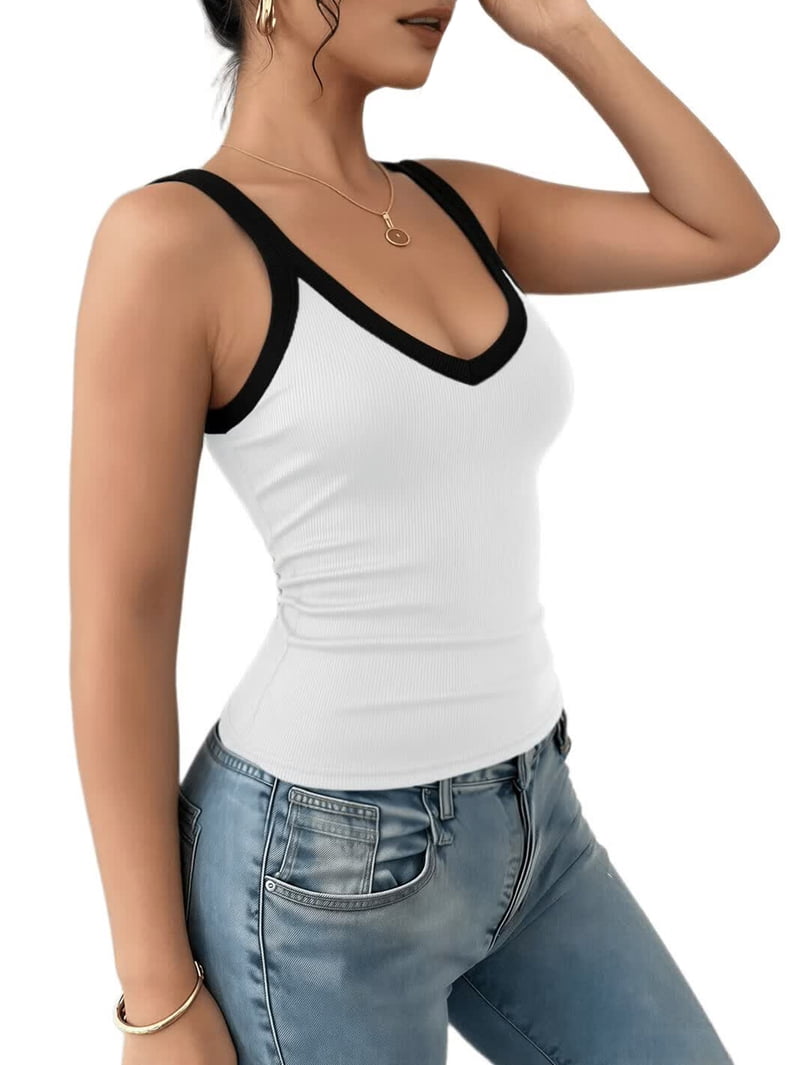 Women'S Contrast Trim V Neck Spaghetti Strap Knit Tank Top White M ...
