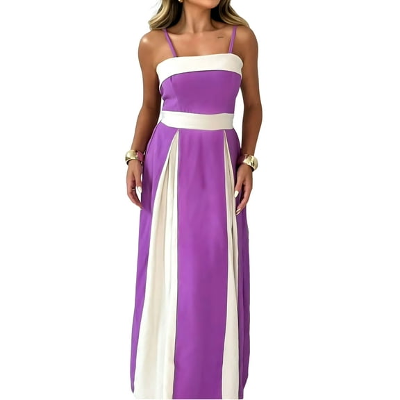 Women'S Contrasting Colors Spaghetti Strap Long Dress Elegant High Waist Leace-Up Dresses Dark Violet S
