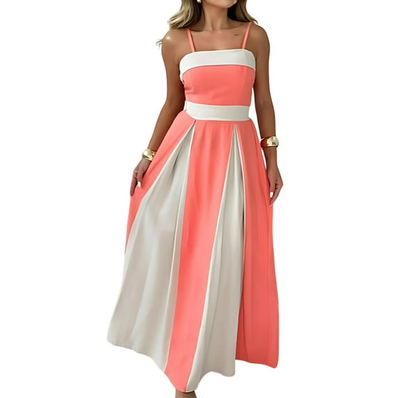 Women'S Contrasting Colors Spaghetti Strap Long Dress Elegant High Waist Leace-Up Dresses Peach L