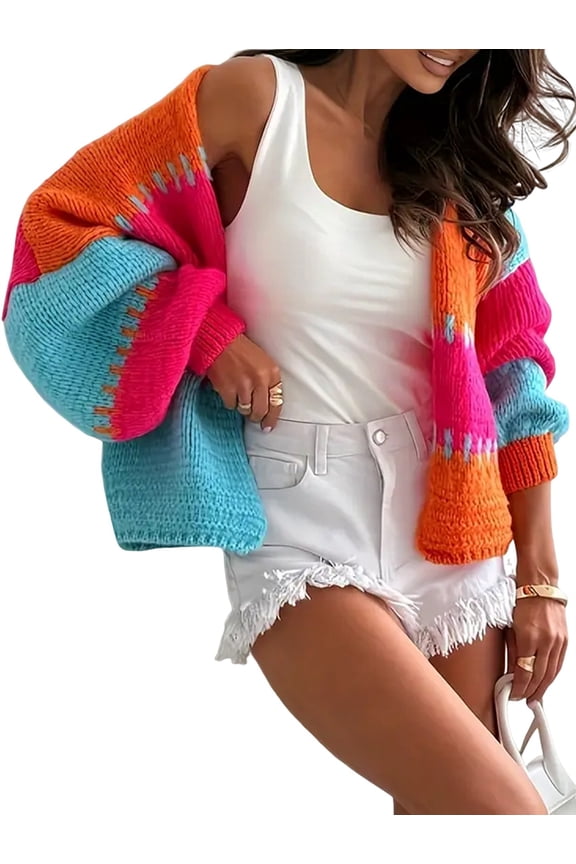 Women'S Contrasting Retro Cardigan Sweater, Loose V-Neck Lantern Sleeves, Thick Knit, Everyday Coat Orange & Red L