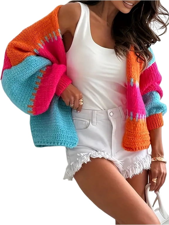 Women'S Contrasting Retro Cardigan Sweater, Loose V-Neck Lantern Sleeves, Thick Knit, Everyday Coat Orange & Red XL