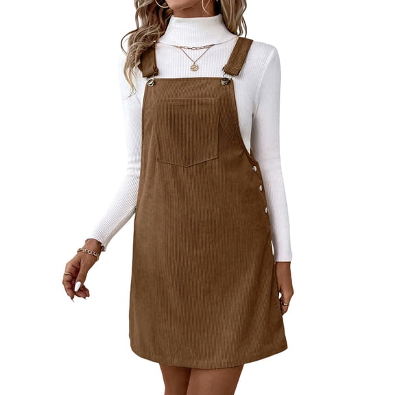 Women'S Corduroy A Line Cute Jumper Pinafore Bib Overall Mini Dress Skirt Coffee Brown L