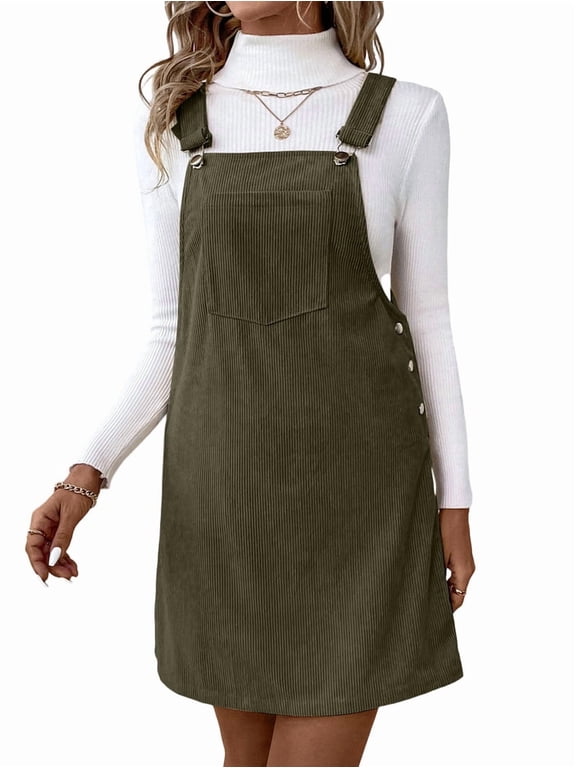 Women'S Corduroy A Line Cute Jumper Pinafore Bib Overall Mini Dress Skirt Green M