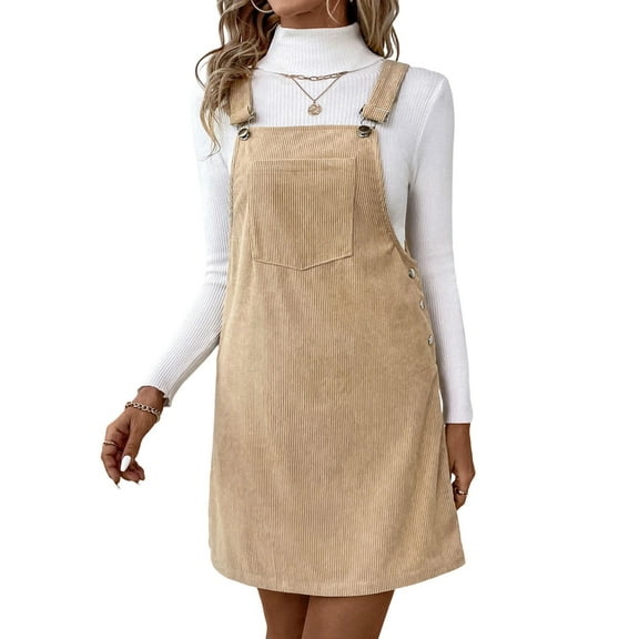 Women'S Corduroy A Line Cute Jumper Pinafore Bib Overall Mini Dress Skirt Khaki XL