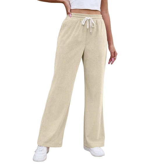 Women'S Corduroy Elastic Drawstring Wide Leg Long Pants with Pockets Color S