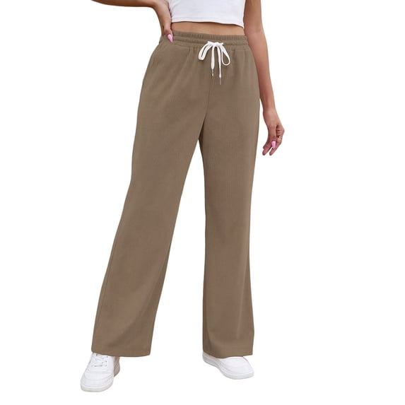 Women'S Corduroy Elastic Drawstring Wide Leg Long Pants with Pockets Khaki XXL