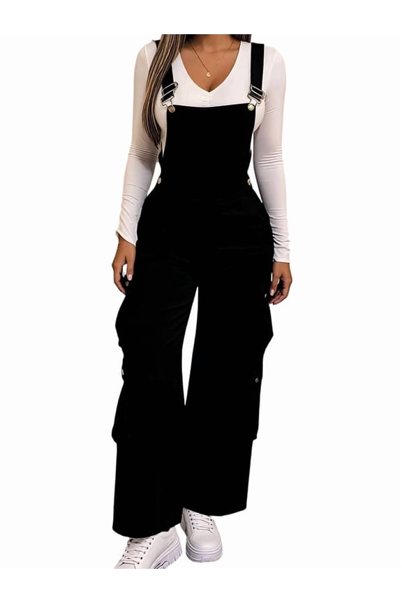 Women'S Corduroy Overalls with Adjustable Straps, Baggy Bib Jumpsuit, Casual with Pockets Black S