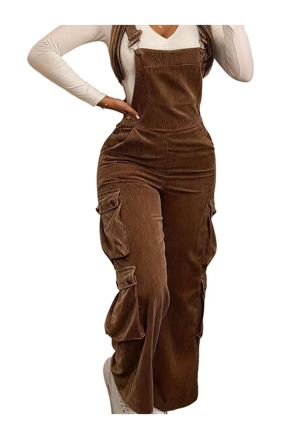Women'S Corduroy Overalls with Adjustable Straps, Baggy Bib Jumpsuit, Casual with Pockets Brown S