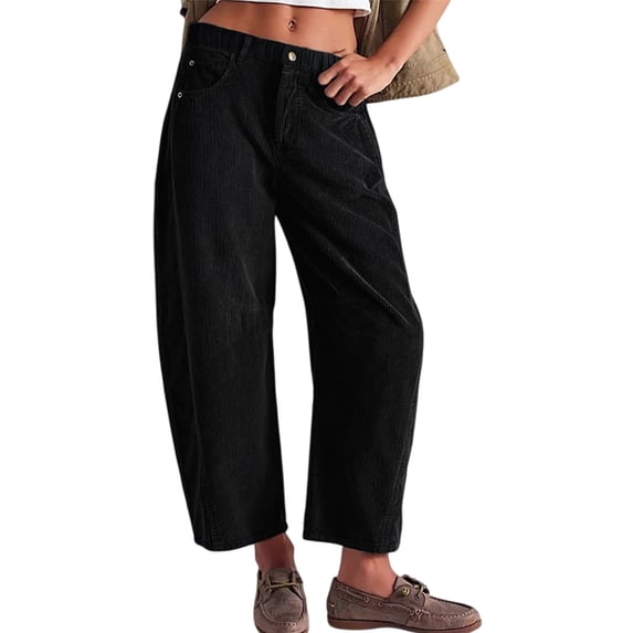 Women'S Corduroy Pants Mid-Rise Elastic Waist Cord Pant Casual Wide Leg Baggy Trouser with Pockets Black L
