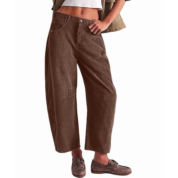 Women'S Corduroy Pants Mid-Rise Elastic Waist Cord Pant Casual Wide Leg Baggy Trouser with Pockets Brown M