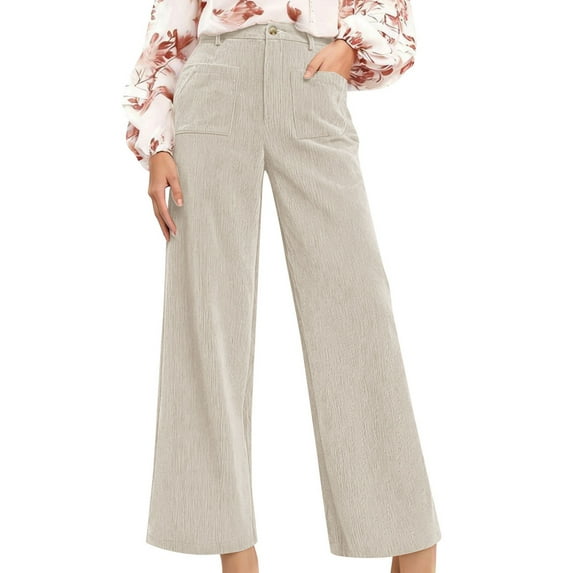 Women'S Corduroy Wide Leg Pants with Patch Pockets Casual Slim Fit Elastic Waist Trousers Color L