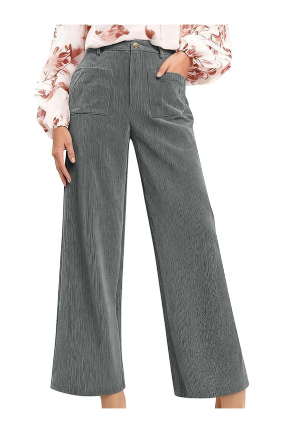 Women'S Corduroy Wide Leg Pants with Patch Pockets Casual Slim Fit Elastic Waist Trousers Gray L