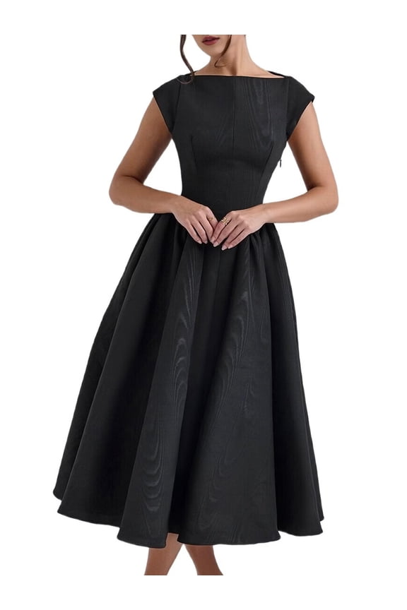 Women'S Corset Midi Dress Casual Flowy A Line Boat Neck Wedding Guest Dresses with Pockets Black S