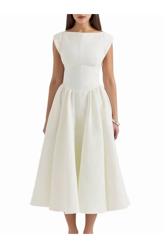 Women'S Corset Midi Dress Casual Flowy A Line Boat Neck Wedding Guest Dresses with Pockets Cream White L