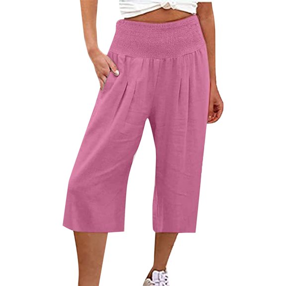 Women'S Cotton And Linen Solid Elastic Waist Cropped High Waist Casual Pants Sweatpants