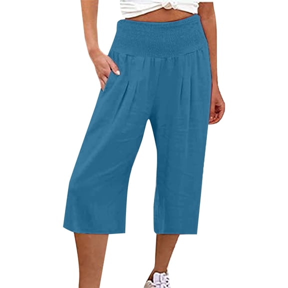 Women'S Cotton And Linen Solid Elastic Waist Cropped High Waist Casual Pants Sweatpants