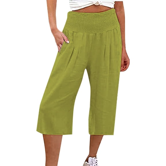 Women'S Cotton And Linen Solid Elastic Waist Cropped High Waist Casual Pants Sweatpants